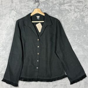 Kleen linen fringed frayed boxy button down long sleeve shirt large black NWT